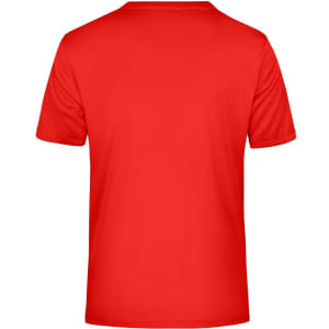 A red men's active T-shirt featuring a plain back design and a logo on the label.
