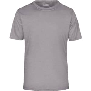 A grey short-sleeved men's active T-shirt with a round neckline and a logo.