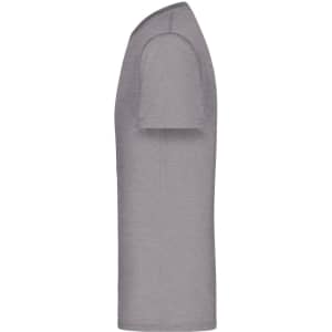 A grey short-sleeved T-shirt displayed from the side, featuring a logo on the fabric.