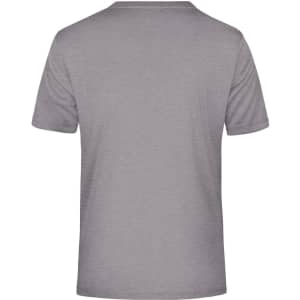 A plain grey t-shirt with a casual design, featuring short sleeves and a crew neckline. It includes a logo on the back.
