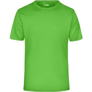 A vibrant green men's active T-shirt, featuring short sleeves and a crew neckline, with a logo present.