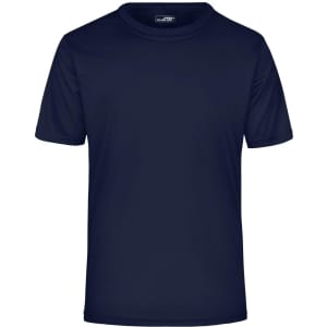 A navy blue men's active t-shirt with a crew neckline and short sleeves. It features a logo on the label.