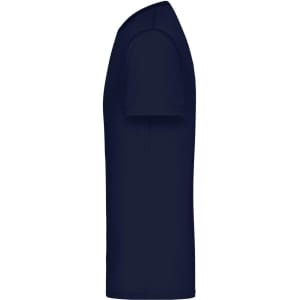 A navy blue men's T-shirt with short sleeves and a plain design. It features a logo on the garment.