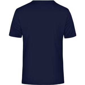 A navy men's active T-shirt featuring a classic crew neckline and short sleeves. It has a logo on the back.
