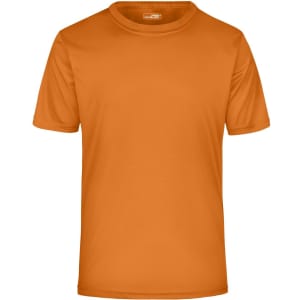 An orange men's active T-shirt with a round neckline and short sleeves. It features a logo on the label.