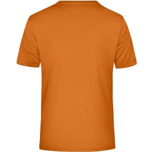 An orange men's active T-shirt with a plain back and a visible brand logo.
