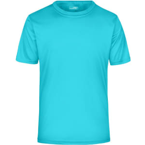 A turquoise short-sleeved T-shirt with a logo on the front. Suitable for active wear.
