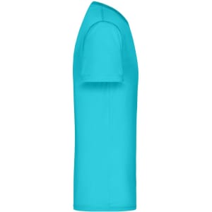 A turquoise men's T-shirt with short sleeves and a crew neck, featuring a logo on the front.