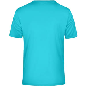 A turquoise men's T-shirt with short sleeves, featuring a branding logo. Back view only.