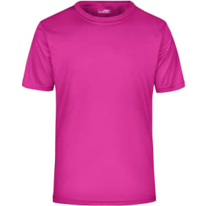 A pink active T-shirt with a round neckline and short sleeves, featuring a logo.