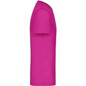 A bright pink men's T-shirt with short sleeves and a crew neck, featuring a branding logo.