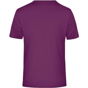 A purple men's active T-shirt with a plain back and short sleeves. It features a branding logo.