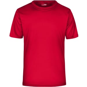 A red Men's Active-T shirt with short sleeves and a round neckline, featuring a logo on the label.