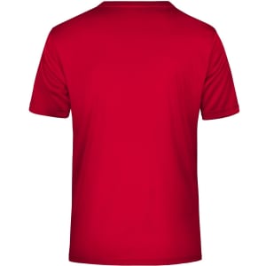 A red men's active t-shirt with a plain back and short sleeves. Features a logo on the label area.
