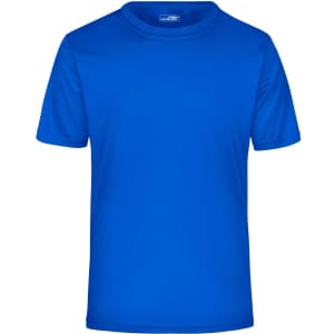 A blue men's active T-shirt featuring a simple design and a logo on the neckline.