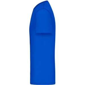 A side view of a blue men's T-shirt featuring short sleeves and a plain design with a logo.