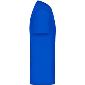 A blue men's T-shirt with short sleeves and a crew neck, featuring a logo on the side.