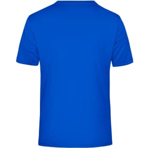 A blue men's active T-shirt with a plain back design. The shirt features a branding logo.