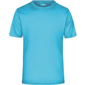 A light blue men's active T-shirt with short sleeves and a round neckline, featuring a logo on the inside label.