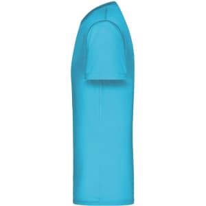 A turquoise men's active T-shirt displayed from the side, featuring a rounded neckline and short sleeves.