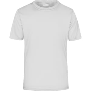 A plain white men's T-shirt with short sleeves, featuring a logo on the label.