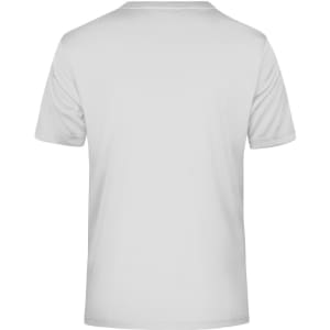 A plain white men's active T-shirt with a round neck and short sleeves, featuring a logo on the back.