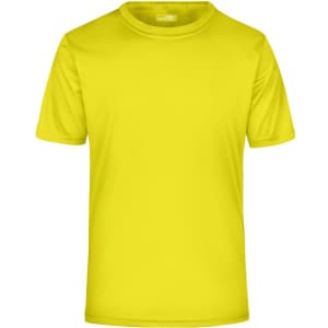 A bright yellow men's active t-shirt with short sleeves and a logo printed on it.