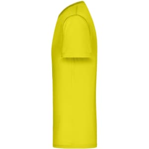 A bright yellow men's active T-shirt with short sleeves and a fitted design. Features a logo on the side.