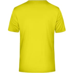 A bright yellow men's active T-shirt with a standard crew neck and short sleeves, featuring a branding logo.