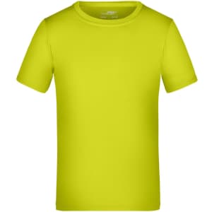 A short-sleeved T-shirt in bright lime green, featuring a plain design and a brand logo.