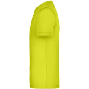 A side view of a bright yellow t-shirt with short sleeves, featuring a logo.