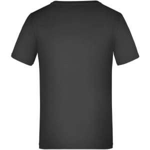 A black T-shirt with short sleeves, featuring a plain back design and a logo at the neck.