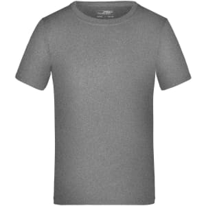 A grey short-sleeved T-shirt with a round neck and a branding label.