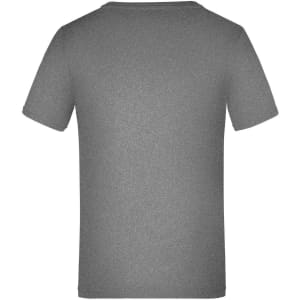 A grey short-sleeved T-shirt with a plain back and a logo. Suitable for active wear.