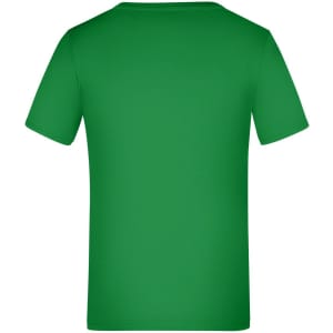 A green T-shirt with a plain back and short sleeves, featuring a logo or branding.