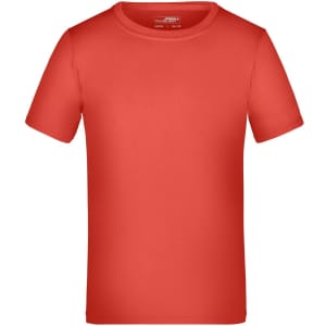 A red short-sleeve T-shirt with a plain design and a small logo on the label.