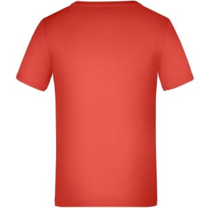 A red T-shirt with short sleeves, featuring a plain back and a logo branding.