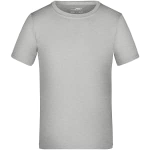 A grey t-shirt featuring short sleeves and a round neckline. It has a simple design with a logo.