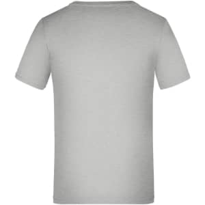 A grey T-shirt with short sleeves and a plain back. It features a logo on the lower side.