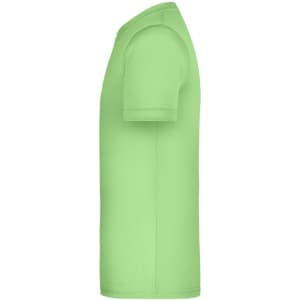 A light green t-shirt is displayed from the side view, featuring a simple design and a visible logo.