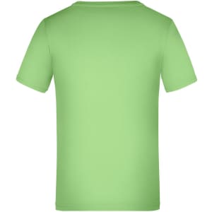 A plain green T-shirt with a short sleeve design and a crew neck, featuring a branding logo.