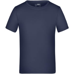 A navy blue t-shirt with short sleeves, featuring a branding logo on the collar.