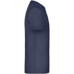 A navy blue T-shirt displayed from the side, featuring short sleeves and a fitted design. It has a logo.