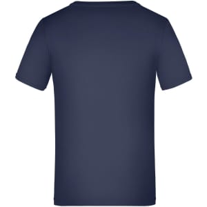 A navy blue T-shirt with a round neckline and short sleeves, featuring a logo on the back.