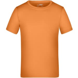 An orange T-shirt with a round neckline and short sleeves, featuring a logo.