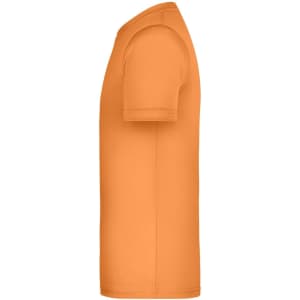 An orange T-shirt with short sleeves, featuring a logo on the side.