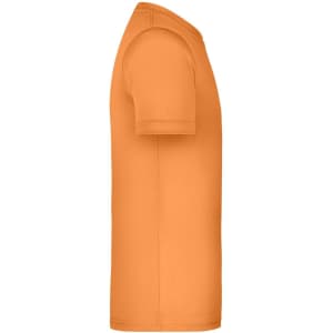 An orange T-shirt displayed from the side, featuring a smooth fabric and a short sleeve design. It includes a logo.