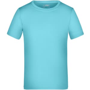 A short-sleeved t-shirt in a bright turquoise colour, featuring a simple design and a logo.