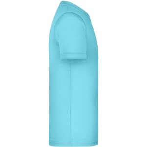 A side view of a turquoise t-shirt with short sleeves, featuring a subtle logo on the fabric.