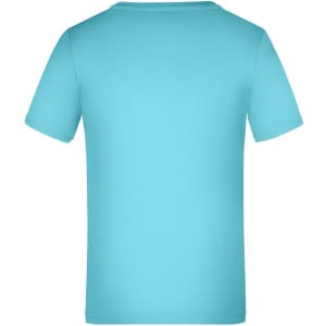 A blue T-shirt with short sleeves, featuring a plain back and a logo on the label.